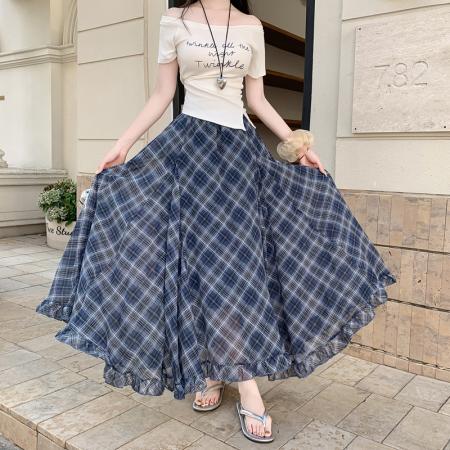 BY10333# 实片夏季新款复古红色格纹高腰不规则木耳边下摆中长雪纺长裙 服裝批發女裝批發服飾貨源