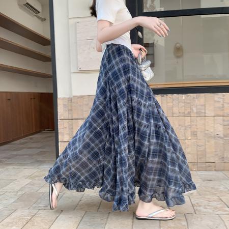 BY10333# 实片夏季新款复古红色格纹高腰不规则木耳边下摆中长雪纺长裙 服裝批發女裝批發服飾貨源