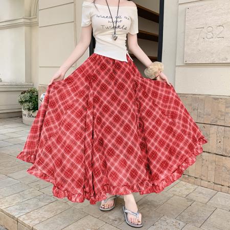 BY10333# 实片夏季新款复古红色格纹高腰不规则木耳边下摆中长雪纺长裙 服裝批發女裝批發服飾貨源
