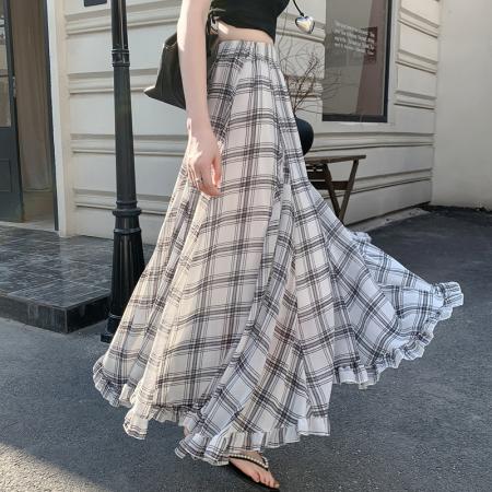 BY10333# 实片夏季新款复古红色格纹高腰不规则木耳边下摆中长雪纺长裙 服裝批發女裝批發服飾貨源