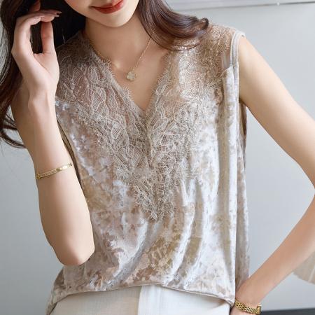 BY10335# v领纯色真丝丝绒背心女桑蚕丝亮片蕾丝性感无袖打底衫上衣H 服裝批發女裝批發服飾貨源