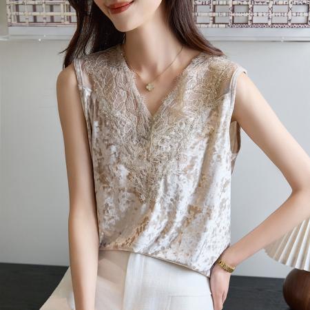 BY10335# v领纯色真丝丝绒背心女桑蚕丝亮片蕾丝性感无袖打底衫上衣H 服裝批發女裝批發服飾貨源