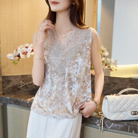BY10335# v领纯色真丝丝绒背心女桑蚕丝亮片蕾丝性感无袖打底衫上衣H 服裝批發女裝批發服飾貨源