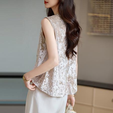 BY10335# v领纯色真丝丝绒背心女桑蚕丝亮片蕾丝性感无袖打底衫上衣H 服裝批發女裝批發服飾貨源