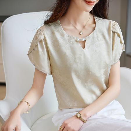 BY10336# 夏季新款时尚百搭醋酸提花小衫显瘦V领钉珠上衣女气质短袖T恤 服裝批發女裝批發服飾貨源
