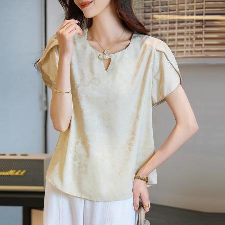 BY10336# 夏季新款时尚百搭醋酸提花小衫显瘦V领钉珠上衣女气质短袖T恤 服裝批發女裝批發服飾貨源