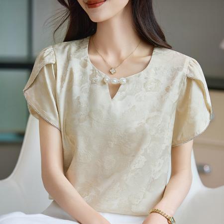 BY10336# 夏季新款时尚百搭醋酸提花小衫显瘦V领钉珠上衣女气质短袖T恤 服裝批發女裝批發服飾貨源