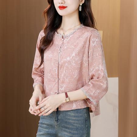 BY10337# 新款休闲宽松短款外套女小个子气质圆领缎面提花设计短袖上衣 服裝批發女裝批發服飾貨源