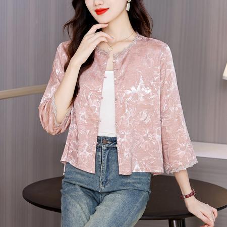 BY10337# 新款休闲宽松短款外套女小个子气质圆领缎面提花设计短袖上衣 服裝批發女裝批發服飾貨源