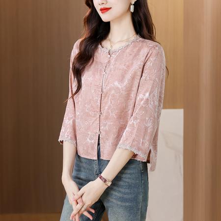 BY10337# 新款休闲宽松短款外套女小个子气质圆领缎面提花设计短袖上衣 服裝批發女裝批發服飾貨源