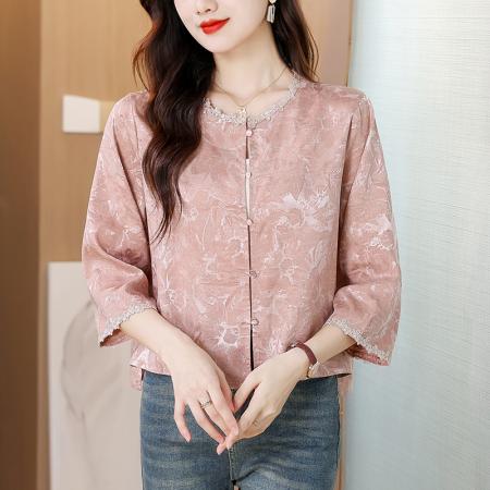 BY10337# 新款休闲宽松短款外套女小个子气质圆领缎面提花设计短袖上衣 服裝批發女裝批發服飾貨源