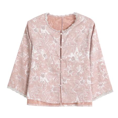 BY10337# 新款休闲宽松短款外套女小个子气质圆领缎面提花设计短袖上衣 服裝批發女裝批發服飾貨源