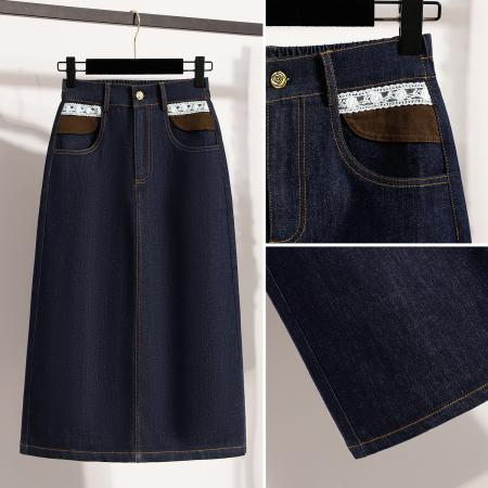 BY10338# 春夏大码宽松蕾丝弹力牛仔半身裙女胖MM韩版高腰中长款a字裙 服裝批發女裝批發服飾貨源