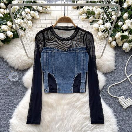 BY10339# 大码胖MM美式酷辣风长袖T恤牛仔拼接网纱复古设计感炸街纯欲上衣 服裝批發女裝批發服飾貨源