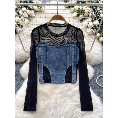 BY10339# 大码胖MM美式酷辣风长袖T恤牛仔拼接网纱复古设计感炸街纯欲上衣 服裝批發女裝批發服飾貨源