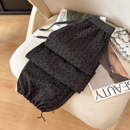 BY10342# 春季新款烫钻豹纹阔腿裤宽松韩版休闲裤百搭运动裤束脚两穿工装裤 服裝批發女裝批發服飾貨源