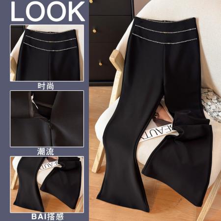 BY10343# 春季镶嵌银条喇叭裤小黑裤高腰微喇马蹄裤百搭休闲裤修身提臀女裤 服裝批發女裝批發服飾貨源