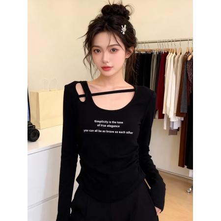 BY10345# 今年春季新款韩版修身设计感长袖T恤U领字母印花镂空显瘦百搭上 服裝批發女裝批發服飾貨源