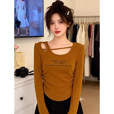 BY10345# 今年春季新款韩版修身设计感长袖T恤U领字母印花镂空显瘦百搭上 服裝批發女裝批發服飾貨源