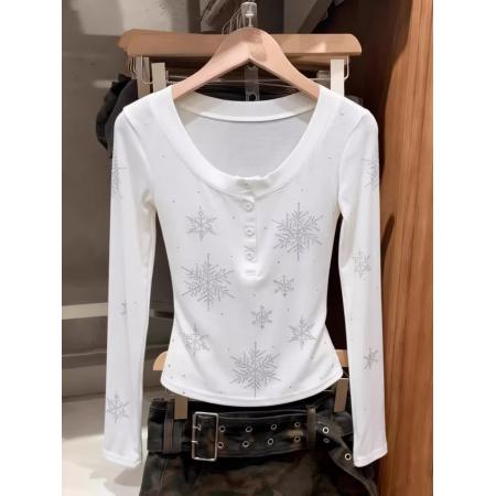 BY10346# 韩版雪花烫钻U领长袖T恤女春季高级感时尚修身内搭打底衫上衣 服裝批發女裝批發服飾貨源