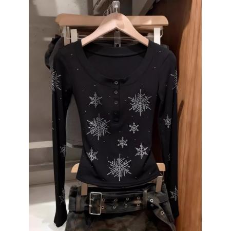 BY10346# 韩版雪花烫钻U领长袖T恤女春季高级感时尚修身内搭打底衫上衣 服裝批發女裝批發服飾貨源