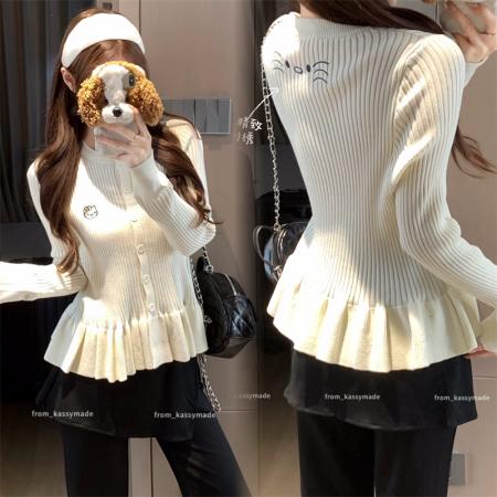 BY10347# 大码女装春秋胖妹妹新款杏色小裙摆设计kitty猫长袖针织开衫 服裝批發女裝批發服飾貨源