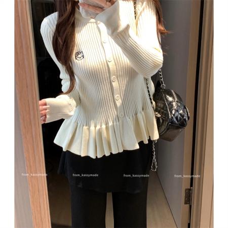 BY10347# 大码女装春秋胖妹妹新款杏色小裙摆设计kitty猫长袖针织开衫 服裝批發女裝批發服飾貨源