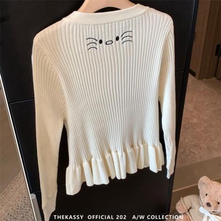 BY10347# 大码女装春秋胖妹妹新款杏色小裙摆设计kitty猫长袖针织开衫 服裝批發女裝批發服飾貨源