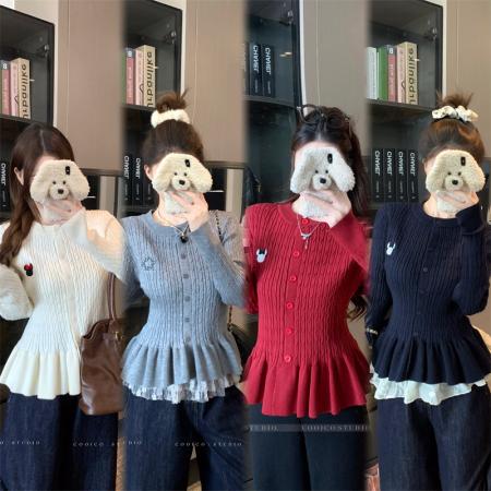 BY10348# 大码女装春秋胖mm甜美芭蕾风针织开衫毛衣收腰裙摆外套 服裝批發女裝批發服飾貨源