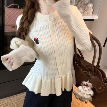 BY10348# 大码女装春秋胖mm甜美芭蕾风针织开衫毛衣收腰裙摆外套 服裝批發女裝批發服飾貨源