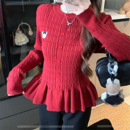 BY10348# 大码女装春秋胖mm甜美芭蕾风针织开衫毛衣收腰裙摆外套 服裝批發女裝批發服飾貨源