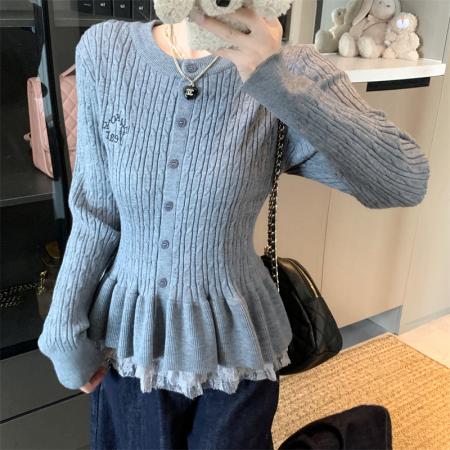 BY10348# 大码女装春秋胖mm甜美芭蕾风针织开衫毛衣收腰裙摆外套 服裝批發女裝批發服飾貨源