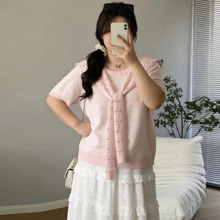 BY10349# 大码女装夏装新款减龄显瘦竹节麻披肩两件套针织短袖T恤 服裝批發女裝批發服飾貨源