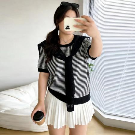 BY10349# 大码女装夏装新款减龄显瘦竹节麻披肩两件套针织短袖T恤 服裝批發女裝批發服飾貨源