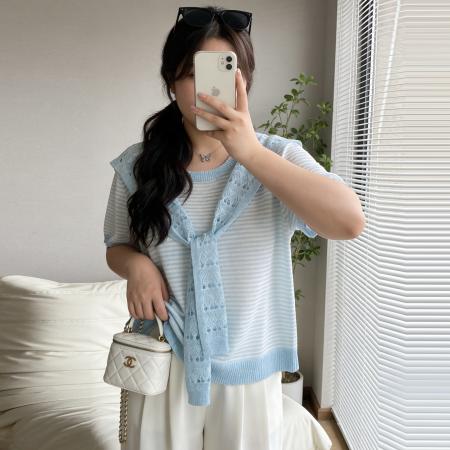 BY10349# 大码女装夏装新款减龄显瘦竹节麻披肩两件套针织短袖T恤 服裝批發女裝批發服飾貨源