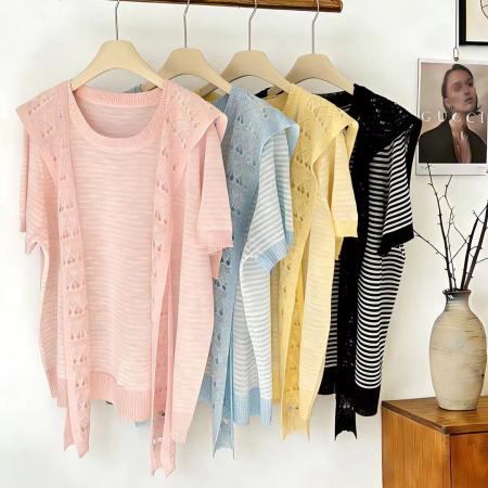 BY10349# 大码女装夏装新款减龄显瘦竹节麻披肩两件套针织短袖T恤 服裝批發女裝批發服飾貨源