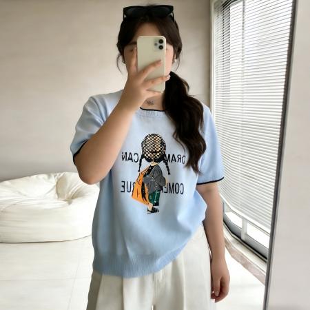 BY10350# 大码女装胖mm夏装新款宽松显瘦减龄印花冰丝针织短袖T恤 服裝批發女裝批發服飾貨源