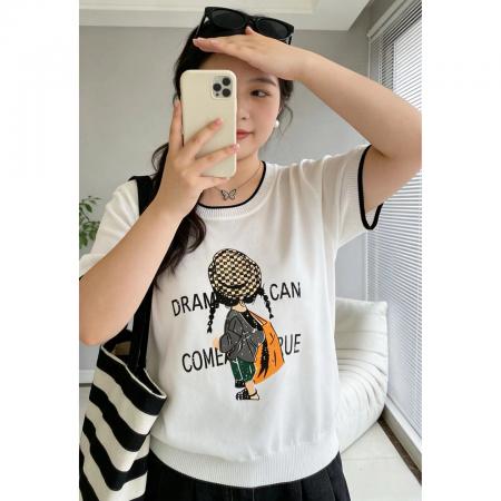 BY10350# 大码女装胖mm夏装新款宽松显瘦减龄印花冰丝针织短袖T恤 服裝批發女裝批發服飾貨源