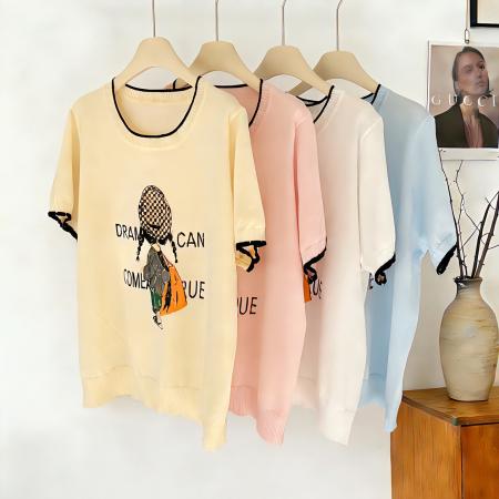 BY10350# 大码女装胖mm夏装新款宽松显瘦减龄印花冰丝针织短袖T恤 服裝批發女裝批發服飾貨源