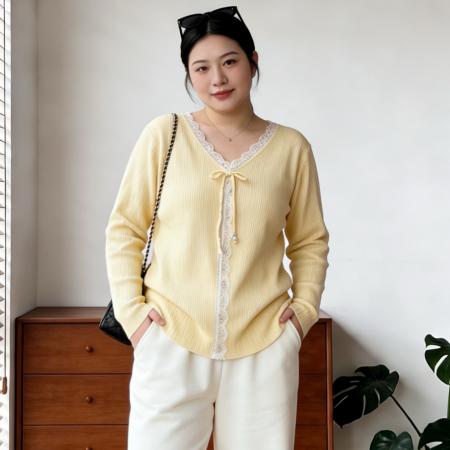 BY10352# 大码女装胖mm春装新款设计款V领显瘦蕾丝拼接针织衫上衣 服裝批發女裝批發服飾貨源