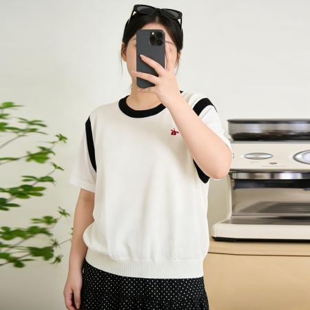 BY10353# 大码女胖mm夏装新款时尚减龄刺绣假两件冰丝针织短袖T恤 服裝批發女裝批發服飾貨源