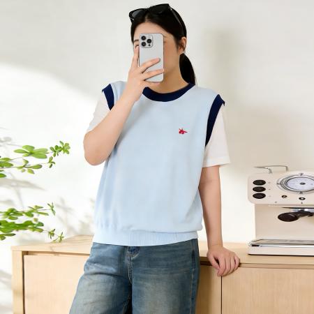 BY10353# 大码女胖mm夏装新款时尚减龄刺绣假两件冰丝针织短袖T恤 服裝批發女裝批發服飾貨源