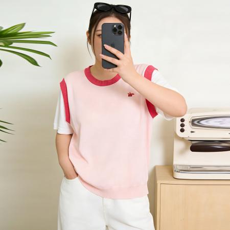 BY10353# 大码女胖mm夏装新款时尚减龄刺绣假两件冰丝针织短袖T恤 服裝批發女裝批發服飾貨源