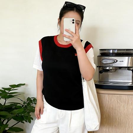 BY10353# 大码女胖mm夏装新款时尚减龄刺绣假两件冰丝针织短袖T恤 服裝批發女裝批發服飾貨源