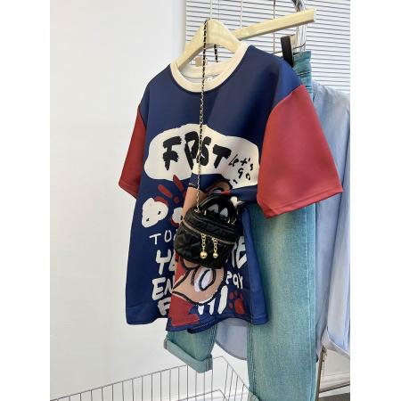 BY10354# 空气层中长款印花小熊拼色短袖t恤女大码200斤女装上衣 服裝批發女裝批發服飾貨源