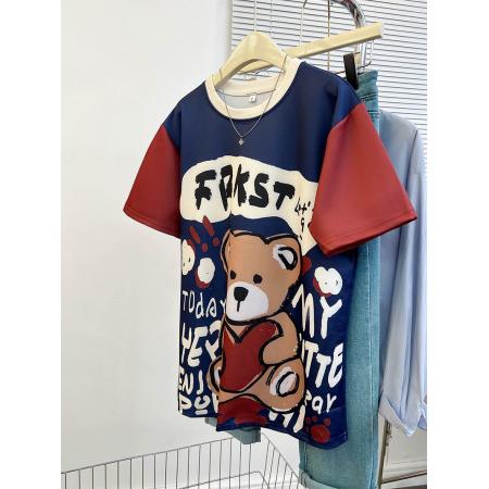 BY10354# 空气层中长款印花小熊拼色短袖t恤女大码200斤女装上衣 服裝批發女裝批發服飾貨源