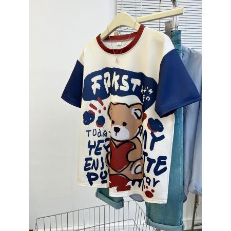 BY10354# 空气层中长款印花小熊拼色短袖t恤女大码200斤女装上衣 服裝批發女裝批發服飾貨源