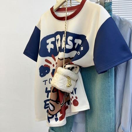 BY10354# 空气层中长款印花小熊拼色短袖t恤女大码200斤女装上衣 服裝批發女裝批發服飾貨源