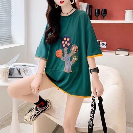 BY10355# 棉重工刺绣新款短袖t恤女大码女装胖mm上衣服 服裝批發女裝批發服飾貨源