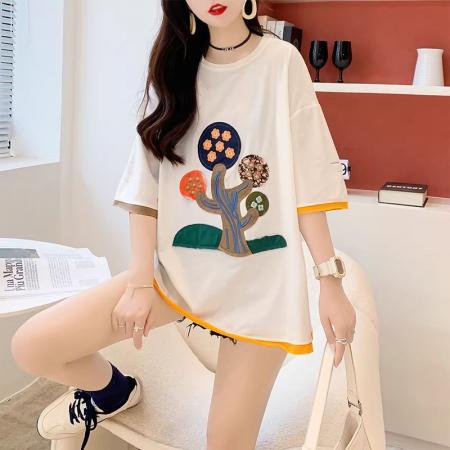 BY10355# 棉重工刺绣新款短袖t恤女大码女装胖mm上衣服 服裝批發女裝批發服飾貨源